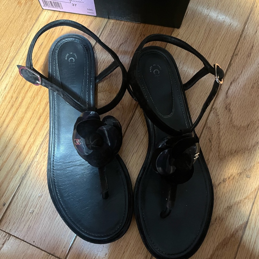 Chanel Camelia Black Sandals with Navy Suede Floral Size 37